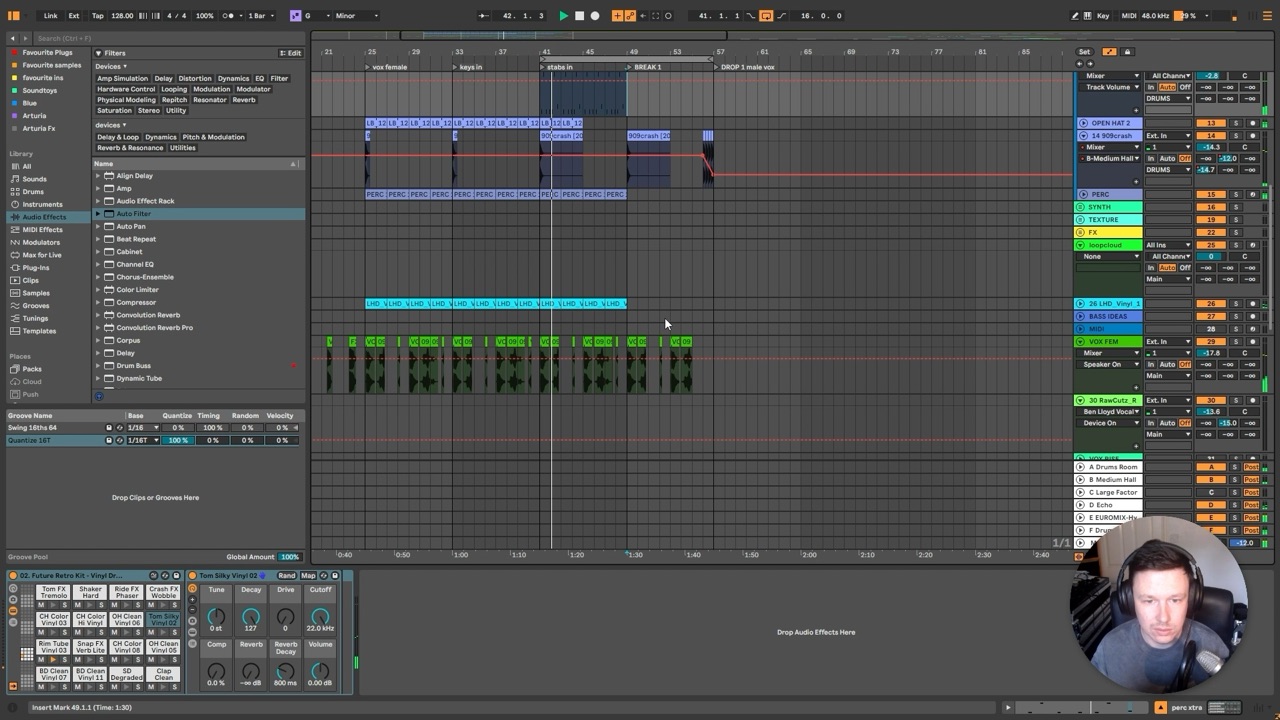 Ableton Live arrangement view with vocal, percussion and synth clips laid out across a full house track structure.