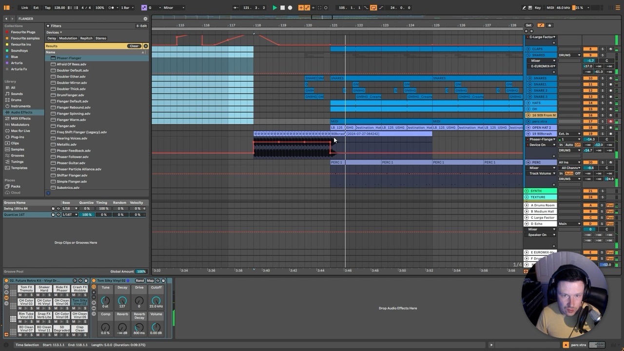 Ableton Live session adding a phaser-flanger effect and crash risers to create a transition between sections.