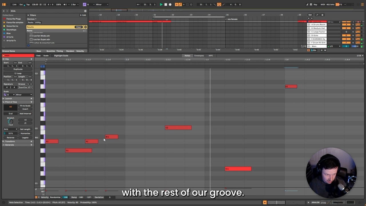 Ableton Live MIDI editor with a house bassline being written in G minor alongside the course tutor's video bubble.