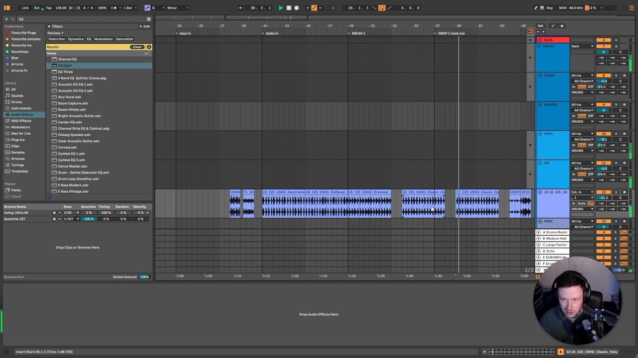 Ableton Live session showing drum and percussion tracks being shaped with groove and EQ during the Super Serious Coaching beginners course.