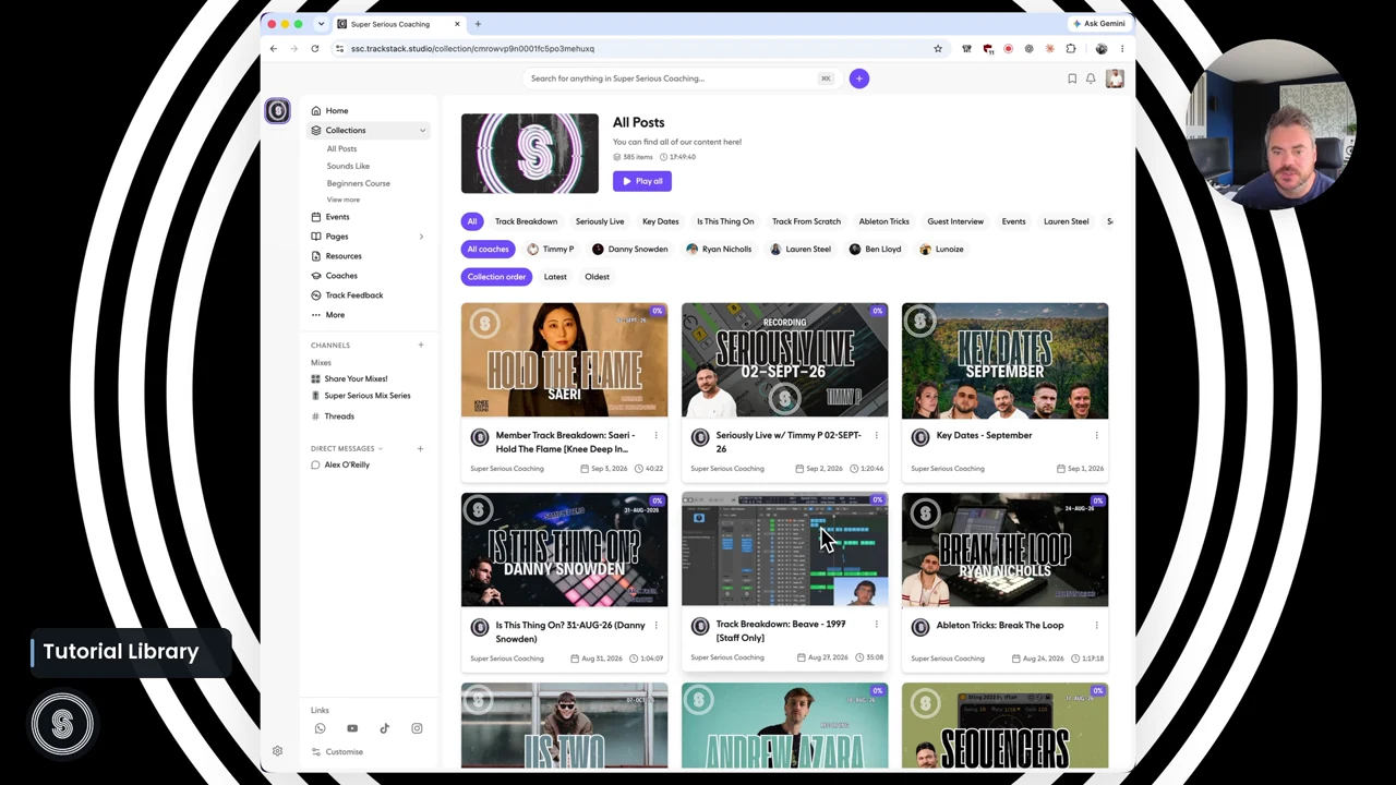 The Super Serious Coaching tutorial library, showing track breakdowns, guest interviews and Ableton lessons