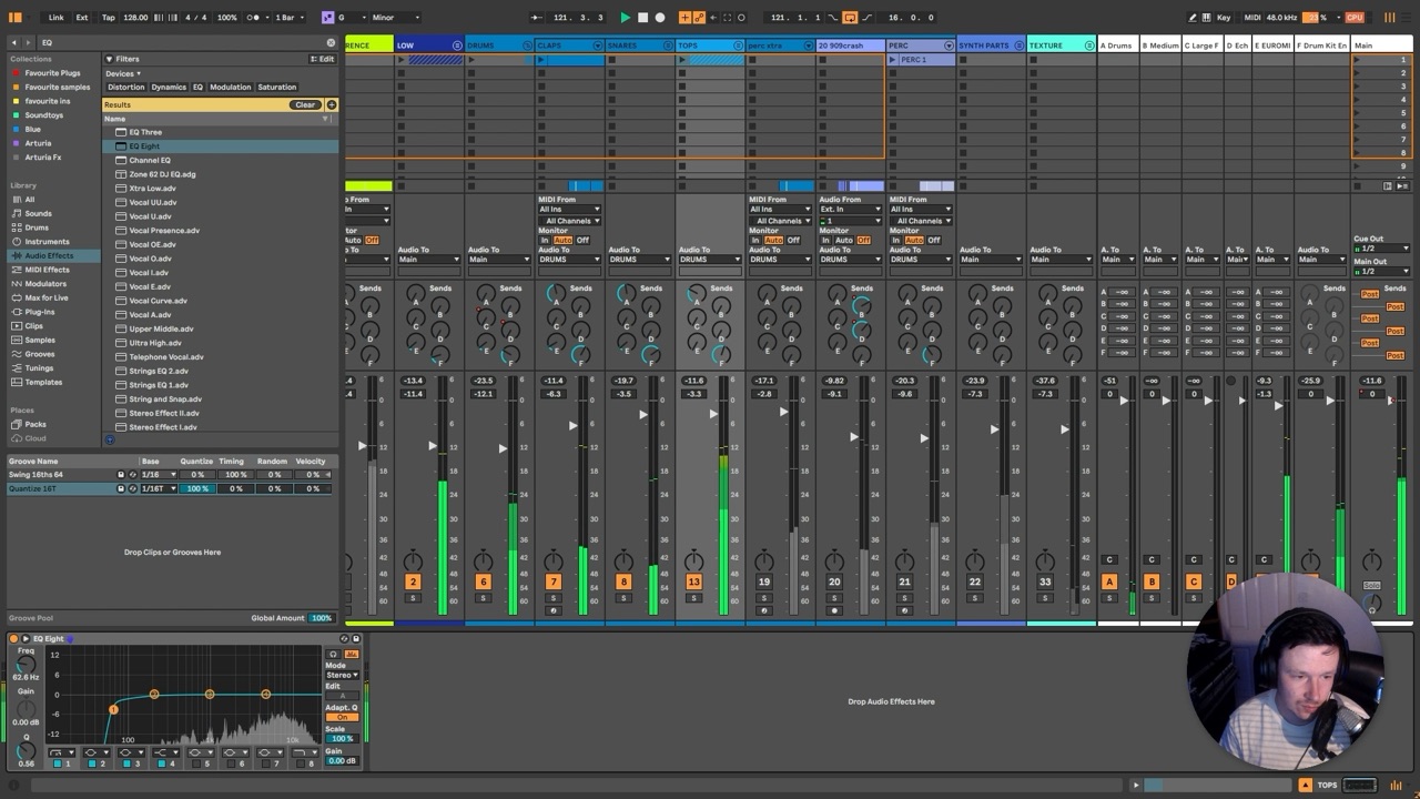 Ableton Live mixer view with channel faders, sends and an EQ Eight curve while balancing the house track mix.