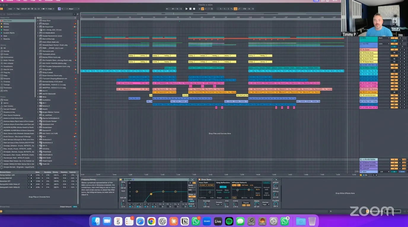 Screen share from a real 1-to-1 coaching session showing an Ableton Live arrangement being worked through track by track.